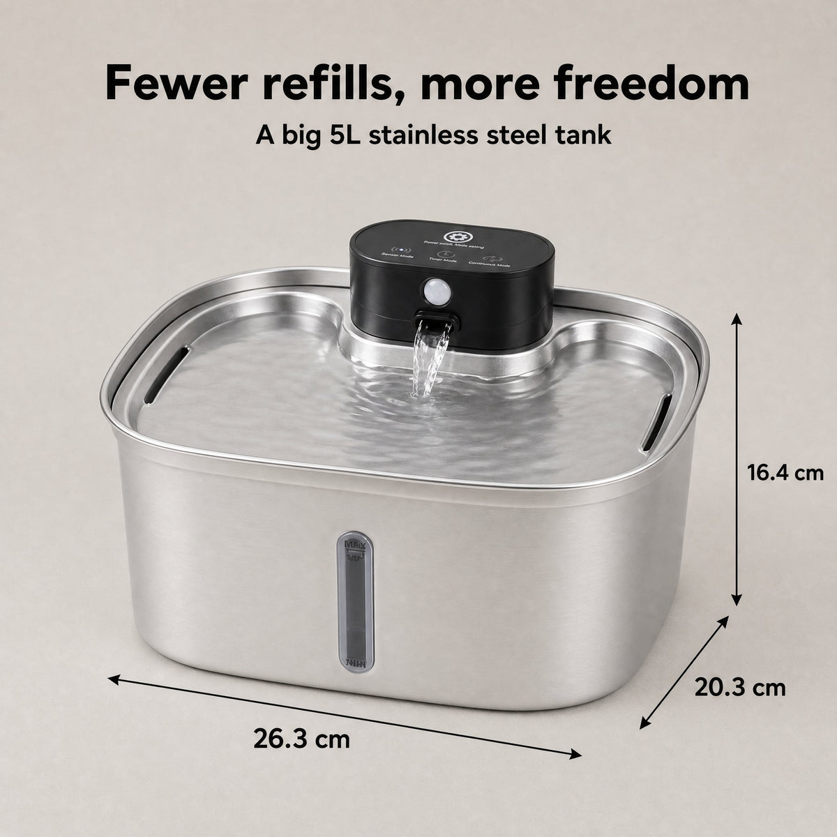 Cat water fountain size: 26.3 cm wide, 20.3 cm deep and 16.4 cm high
