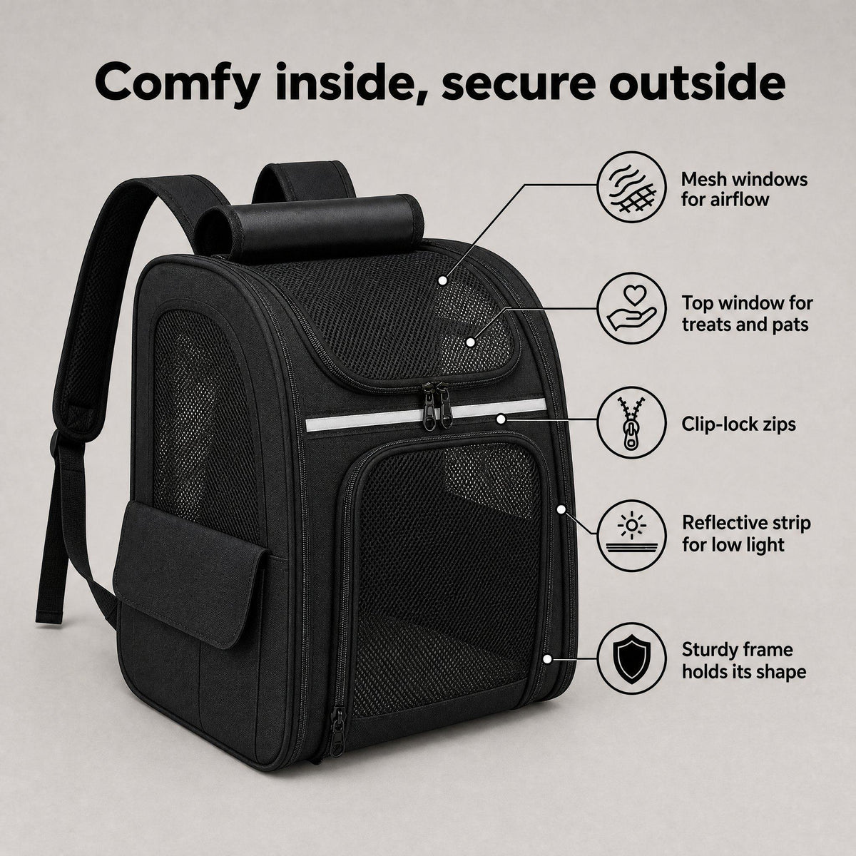 Cat carrier backpack features: mesh windows, top window, clip-lock zips, reflective strip and sturdy frame