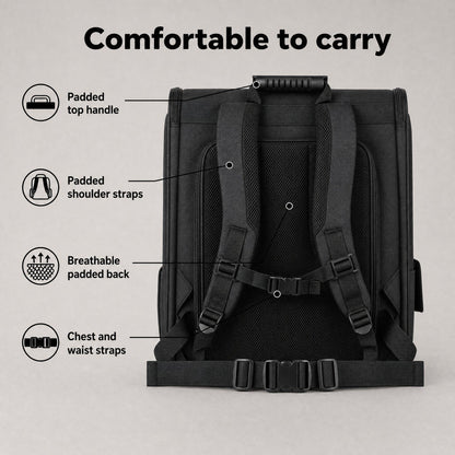 Back of the cat carrier backpack: padded top handle, shoulder straps, breathable back, chest and waist straps