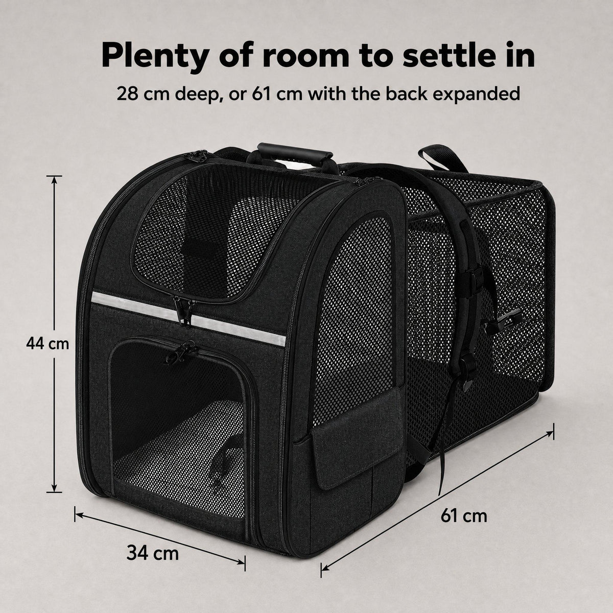 Cat carrier size: 34 cm wide, 44 cm high, 28 cm deep or 61 cm expanded