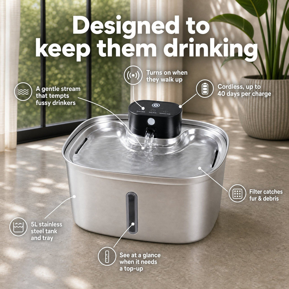 Cat water fountain features: gentle stream, motion sensor, cordless battery up to 40 days per charge, filter and water level window