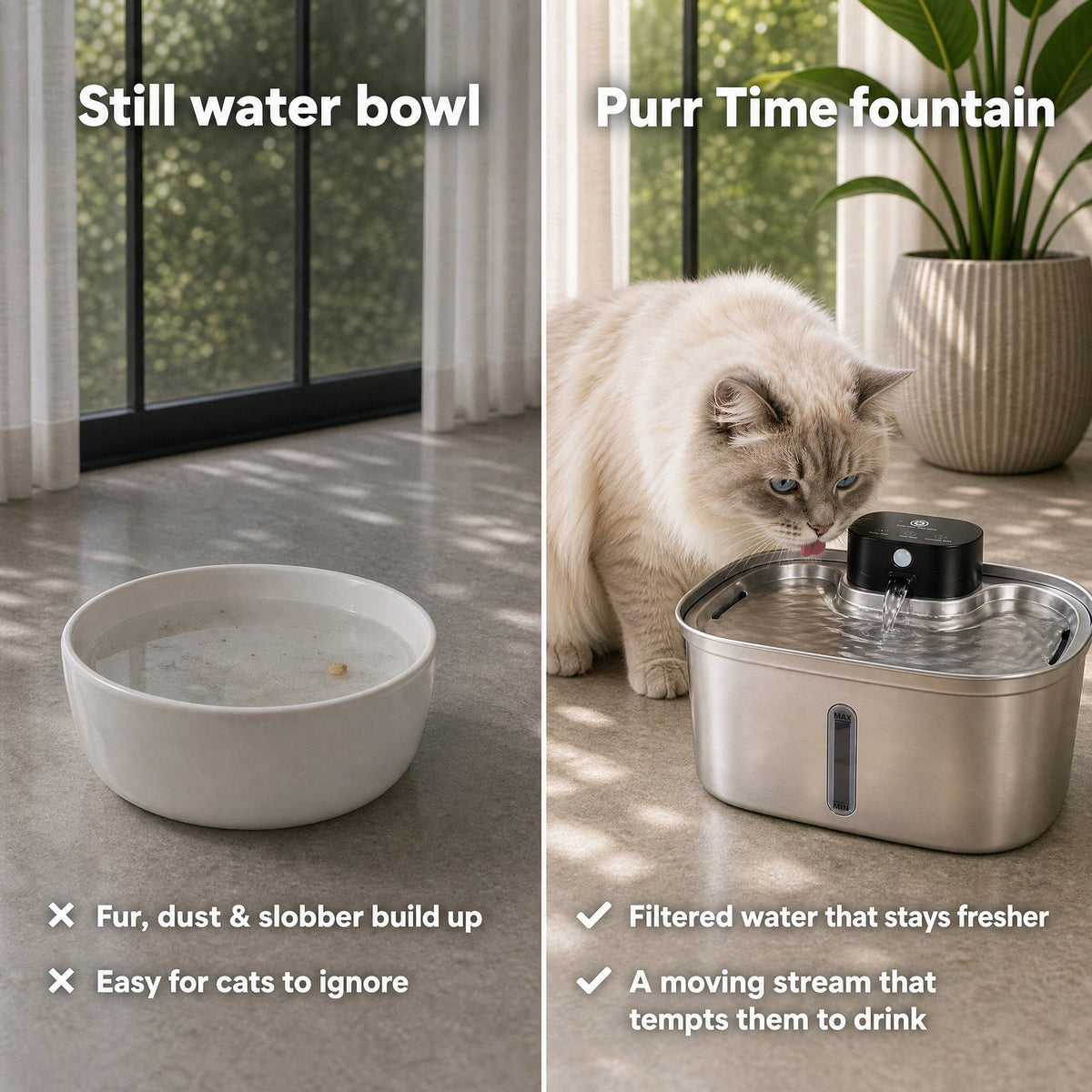 Comparison of a still water bowl and the Purr Time fountain with filtered, flowing water