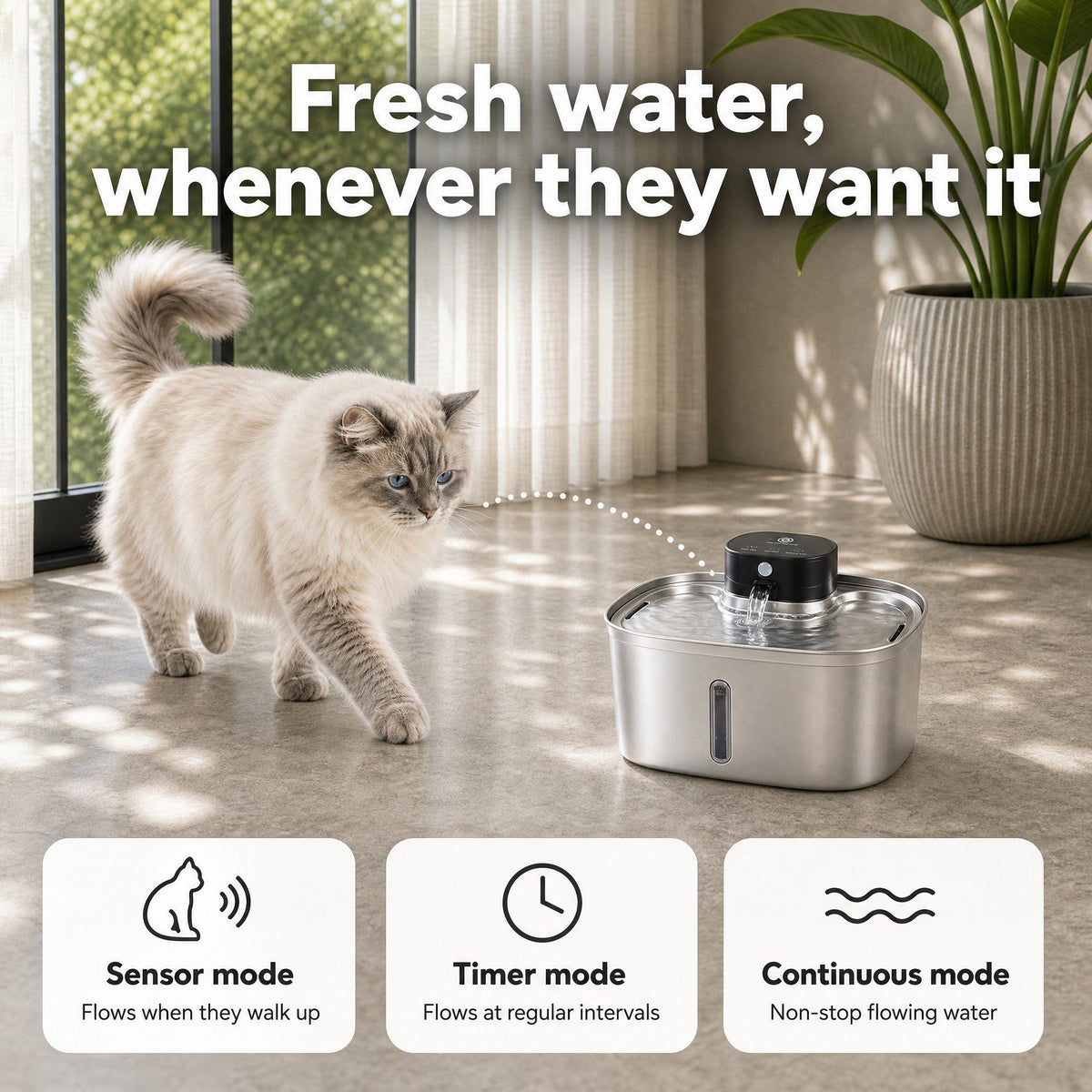 Cat walking up to the water fountain, with sensor, timer and continuous water modes