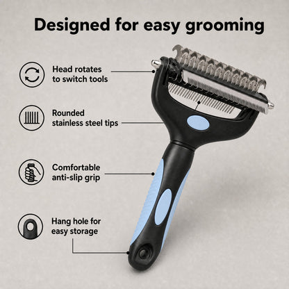 Purr Time 3-in-1 Cat Brush features: rotating head, rounded stainless steel tips, anti-slip grip and hang hole
