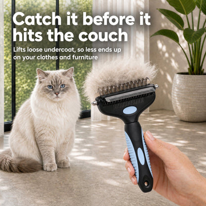 3-in-1 Cat Brush holding a clump of loose undercoat removed from a Ragdoll cat