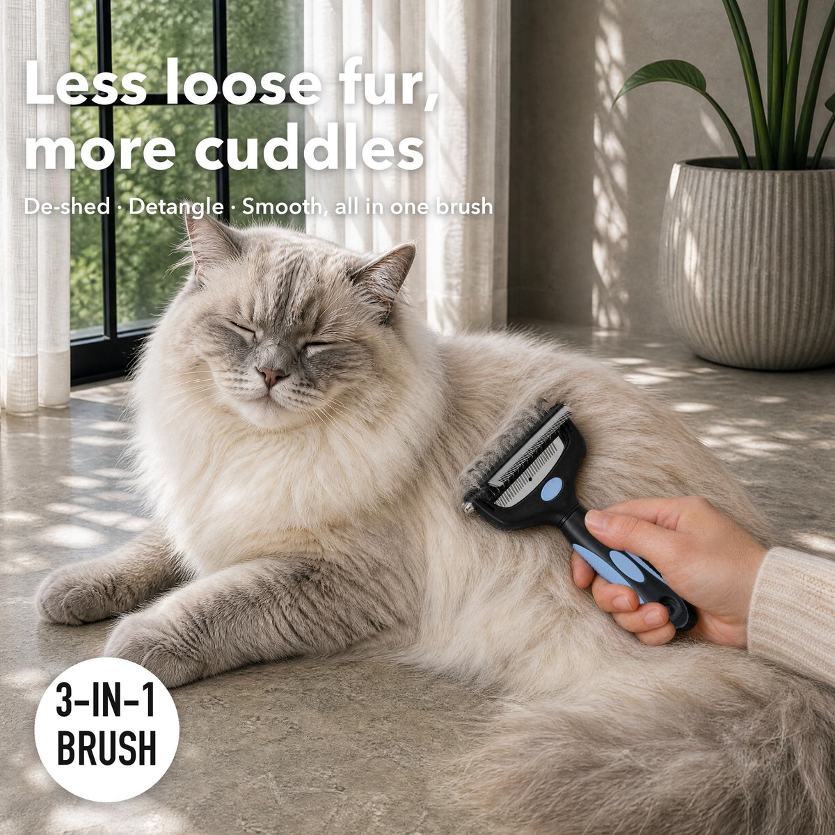 Purr Time 3-in-1 Cat Brush being used on a fluffy Ragdoll cat